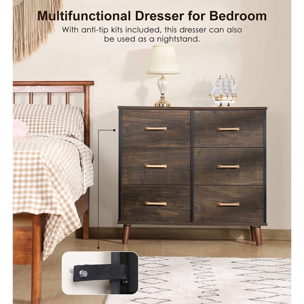 Modern Mid-Century Style 6-Drawer Bedroom Dresser with Fabric Drawers in Walnut - Image 4