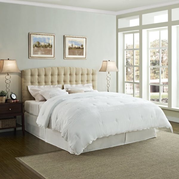 King size Button Tufted Padded Headboard Upholstered in Beige Microfiber - Image 4