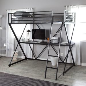 Modern Black Metal Twin size Bunk Bed Loft with Desk and Ladder