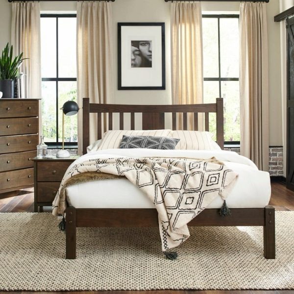 Queen size Solid Pine Wood Platform Bed with Headboard in Espresso - Image 4
