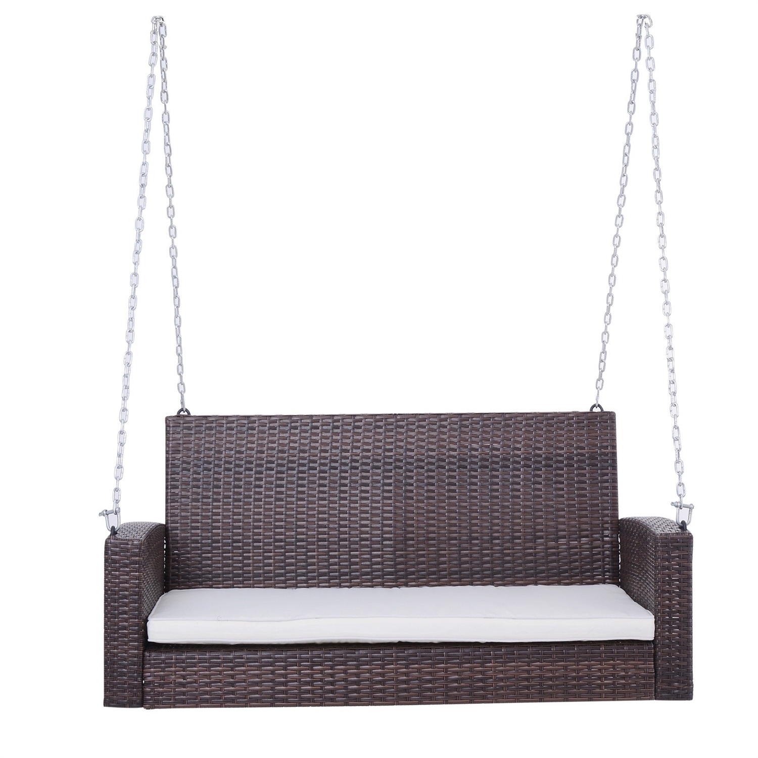 Espresso Wicker Porch Swing 7ft Hanging Chain with Cream Padded Cushion - Image 2