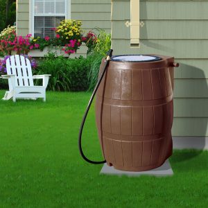 50-Gallon Brown UV Resistant Plastic Rain Barrel with 3-Ft Water Hose