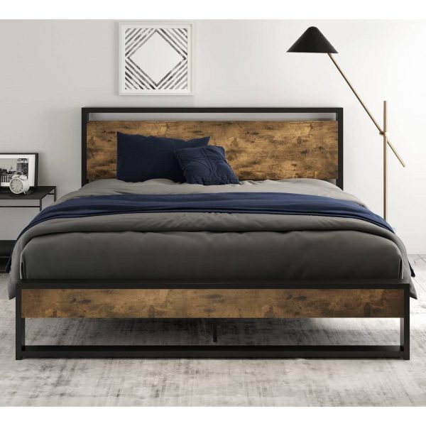 Full size Metal Wood Platform Bed Frame with Industrial Headboard - Image 2