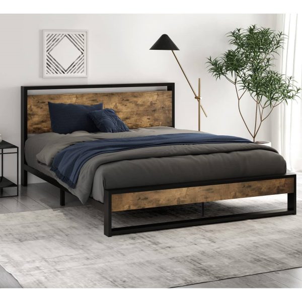 Full size Metal Wood Platform Bed Frame with Industrial Headboard - Image 3