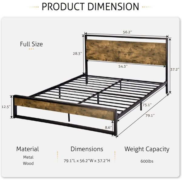 Full size Metal Wood Platform Bed Frame with Industrial Headboard - Image 4