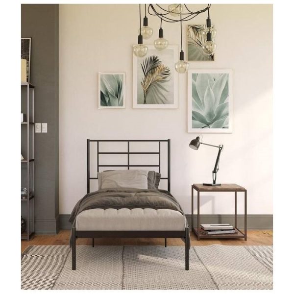 Twin Size Modern Black Metal Platform Bed with Geometric Headboard - Image 5