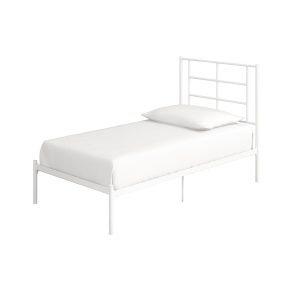 Twin Size Modern White Metal Platform Bed with Geometric Headboard