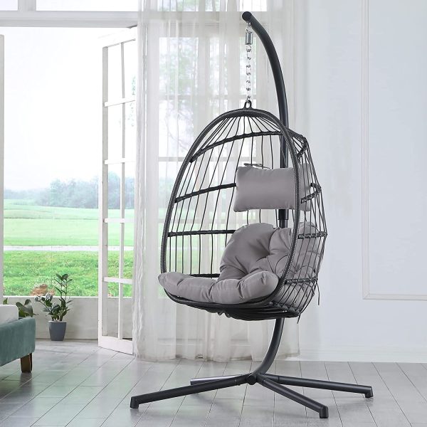 Grey Indoor/Outdoor Wicker Rattan Aluminum Frame Swing Egg Chair Hammock - Image 2