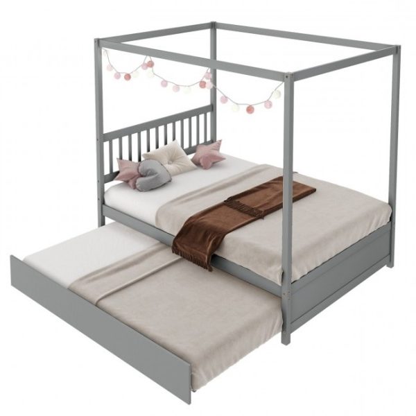 Gray Full Size Canopy Platform Bed with Twin Roller Trundle Bed - Image 2