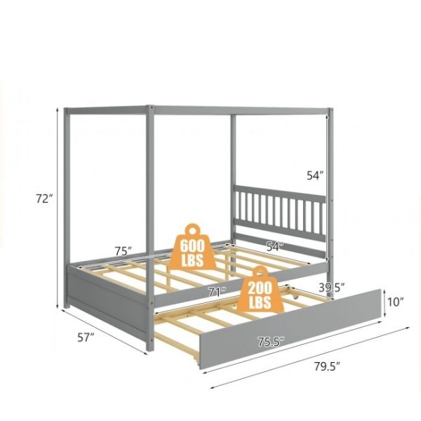 Gray Full Size Canopy Platform Bed with Twin Roller Trundle Bed - Image 3