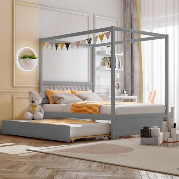 Gray Full Size Canopy Platform Bed with Twin Roller Trundle Bed - Image 4