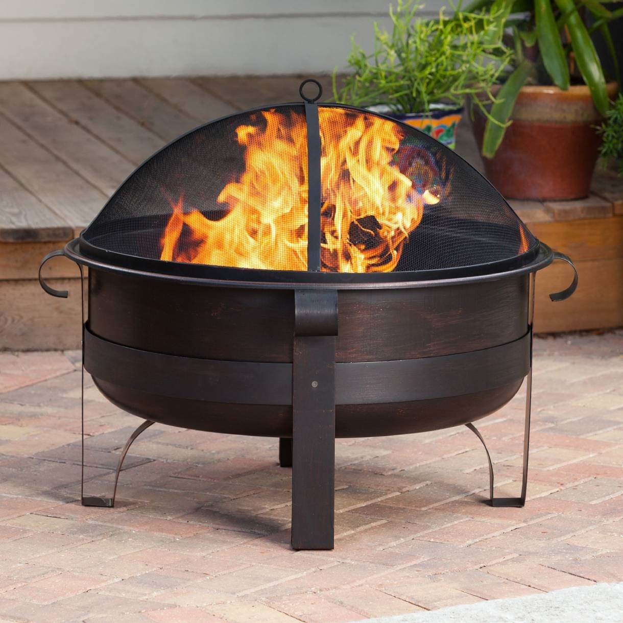 Heavy Duty 34-inch Fire Pit Deep Steel Cauldron with Screen and Stand - Image 2