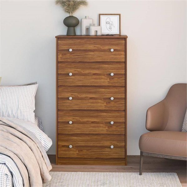 Modern 5-Drawer Bedroom Chest Dresser in Rustic Brown Wood Finish - Image 3
