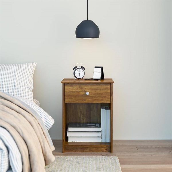 Rusic Brown Oak Farmhouse 1-Drawer Bedroom Nighstand with Open Shelf - Image 2
