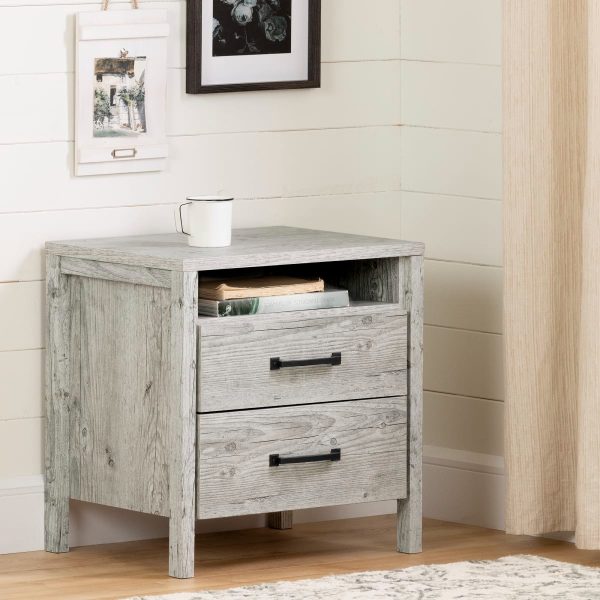 Modern Washed Pine 2 Drawer Nightstand Cubby Storage Shelf - Image 4
