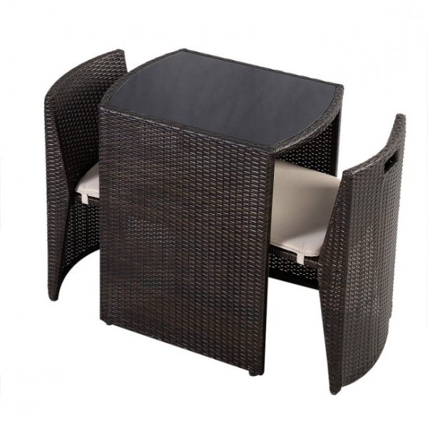 3 Piece Compact Espresso/White Wicker Patio Cushioned Outdoor Chair Table Set - Image 2