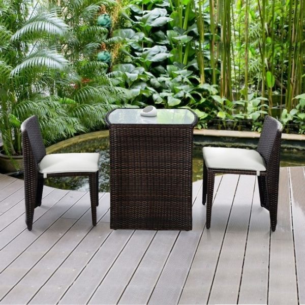 3 Piece Compact Espresso/White Wicker Patio Cushioned Outdoor Chair Table Set - Image 5