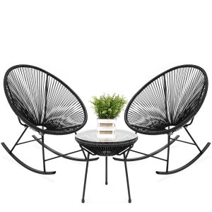 3 Piece Black Oval Patio Woven Rocking Chair Bistro Set