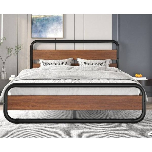 King size Heavy Duty Industrial Modern Metal Wood Platform Bed Frame with Headboard - Image 2