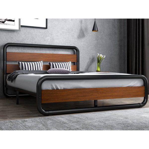 King size Heavy Duty Industrial Modern Metal Wood Platform Bed Frame with Headboard - Image 4