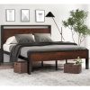 King Metal Platform Bed Frame with Mahogany Wood Panel Headboard Footboard - Image 2