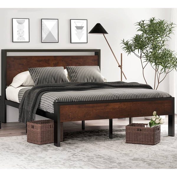 King Metal Platform Bed Frame with Mahogany Wood Panel Headboard Footboard - Image 2