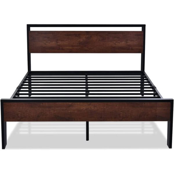 King Metal Platform Bed Frame with Mahogany Wood Panel Headboard Footboard - Image 3