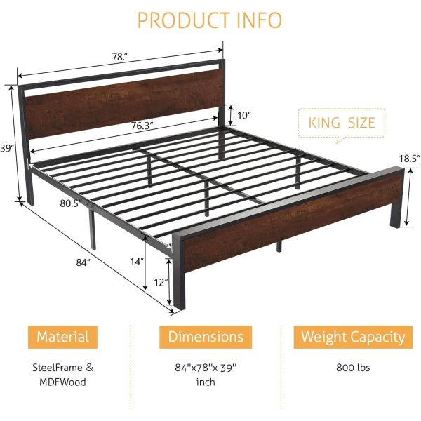 King Metal Platform Bed Frame with Mahogany Wood Panel Headboard Footboard - Image 4
