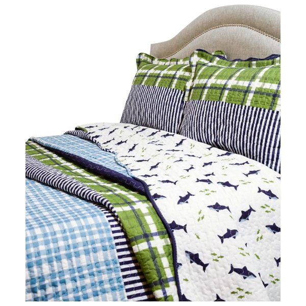 King Navy Blue Green Plaid Shark Theme Reversible 3 Piece Coverlet Quilt Set - Image 2