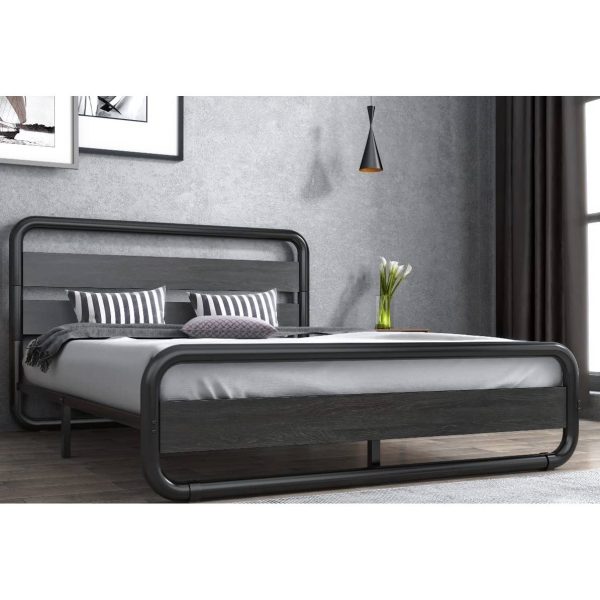 King Heavy Duty Round Metal Frame Platform Bed with Black Wood Panel Headboard - Image 2
