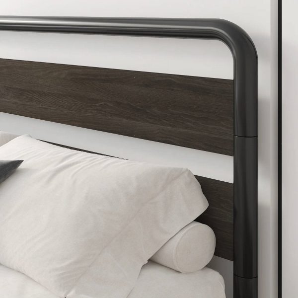 King Heavy Duty Round Metal Frame Platform Bed with Black Wood Panel Headboard - Image 4