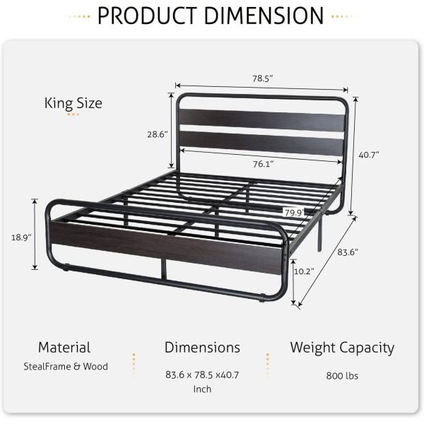 King Heavy Duty Round Metal Frame Platform Bed with Black Wood Panel Headboard - Image 5