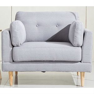 Modern Light Grey Linen Upholstered Armchair with Mid-Century Style Wood Legs