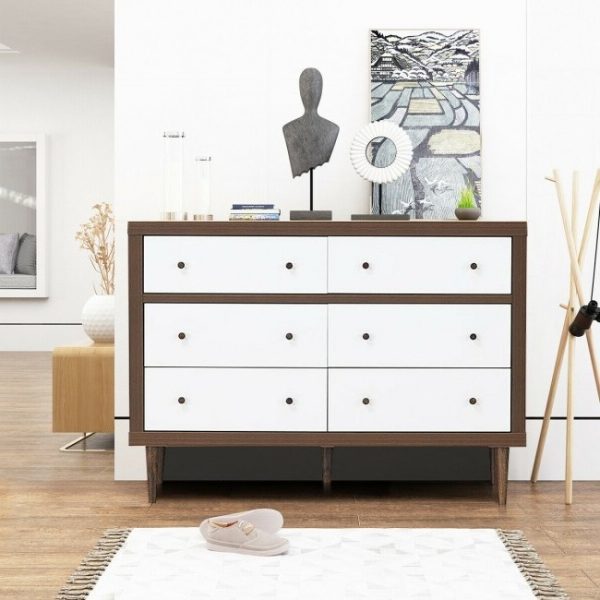 Modern Walnut White 6 Drawer Wood Dresser - Image 2