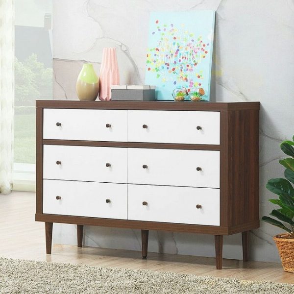 Modern Walnut White 6 Drawer Wood Dresser - Image 3