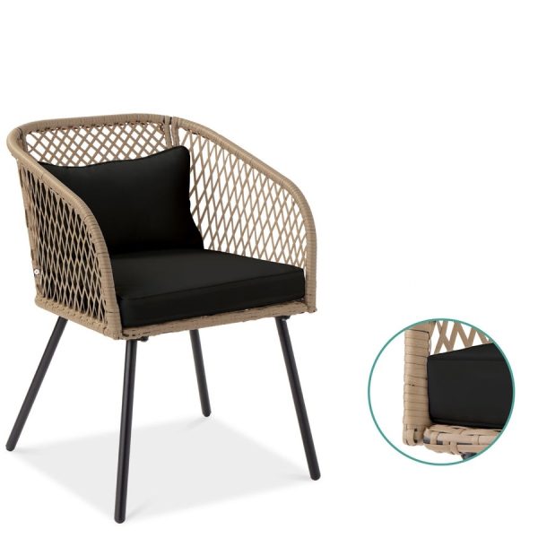 3 Piece Beige/Black Outdoor Weave Wicker Bistro w/ Tempered Glass Side Table Set - Image 2