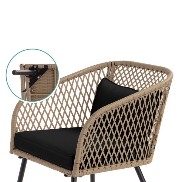 3 Piece Beige/Black Outdoor Weave Wicker Bistro w/ Tempered Glass Side Table Set - Image 3