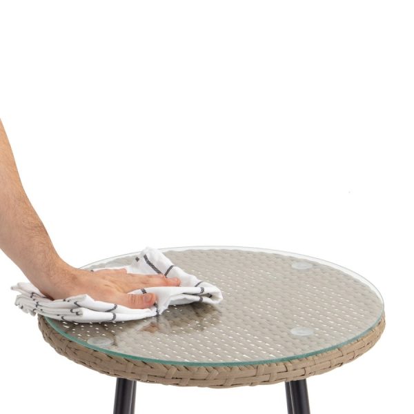 3 Piece Beige/Black Outdoor Weave Wicker Bistro w/ Tempered Glass Side Table Set - Image 5