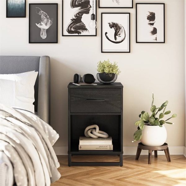 Modern 1-Drawer Bedroom Nightstand in Rustic Black Wood Finish with Metal Legs - Image 2