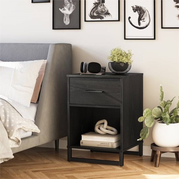 Modern 1-Drawer Bedroom Nightstand in Rustic Black Wood Finish with Metal Legs - Image 3