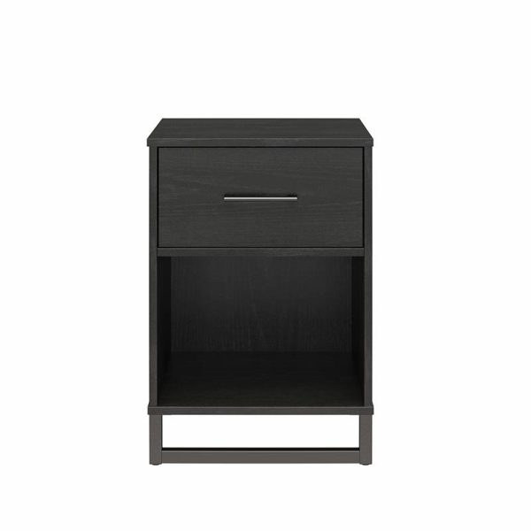 Modern 1-Drawer Bedroom Nightstand in Rustic Black Wood Finish with Metal Legs - Image 4
