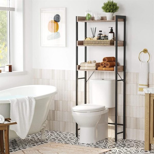 Modern FarmHouse 3 Tier Over The Toilet Metal Wood Storage Shelves - Image 2