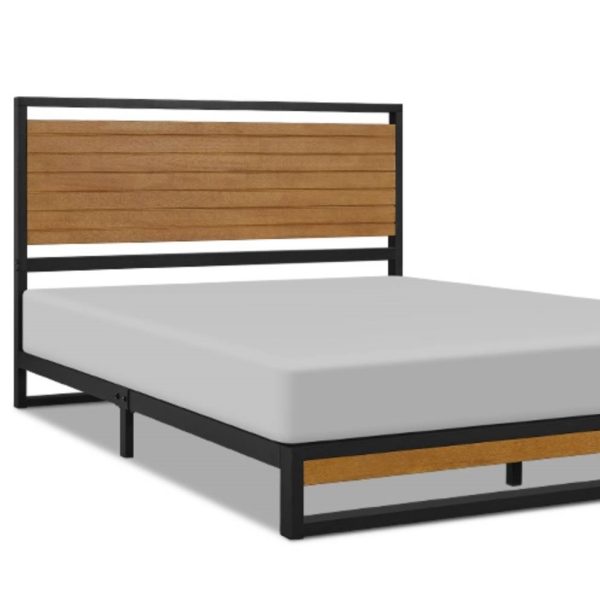 Full size Modern Metal Platform Bed Frame with Solid Brown Wood Slatted Headboard - Image 2