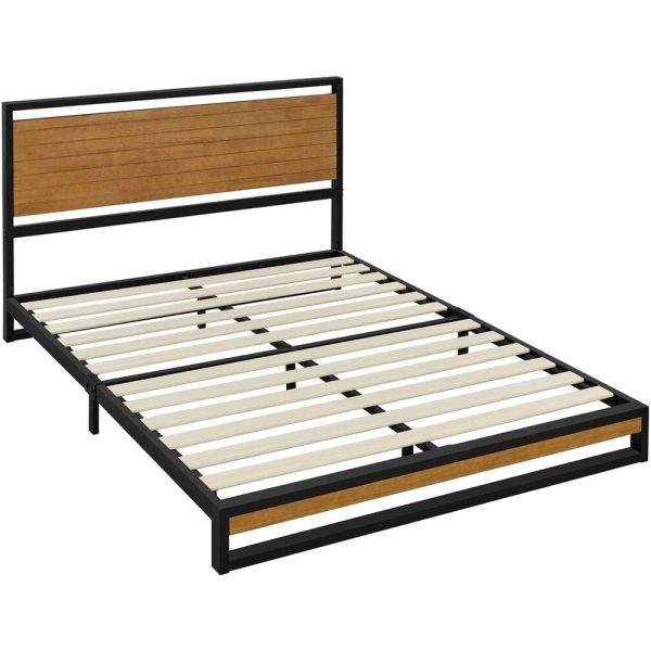 Full size Modern Metal Platform Bed Frame with Solid Brown Wood Slatted Headboard - Image 3