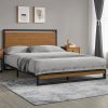 Full size Modern Metal Platform Bed Frame with Solid Brown Wood Slatted Headboard - Image 4