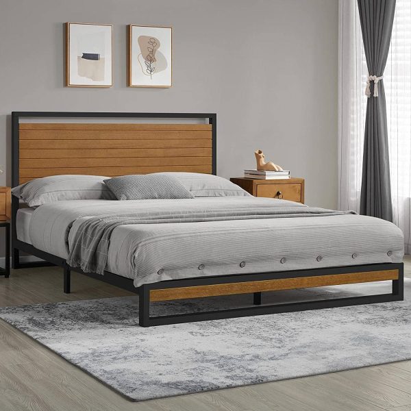 Full size Modern Metal Platform Bed Frame with Solid Brown Wood Slatted Headboard - Image 4