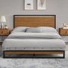 Full size Modern Metal Platform Bed Frame with Solid Brown Wood Slatted Headboard - Image 5