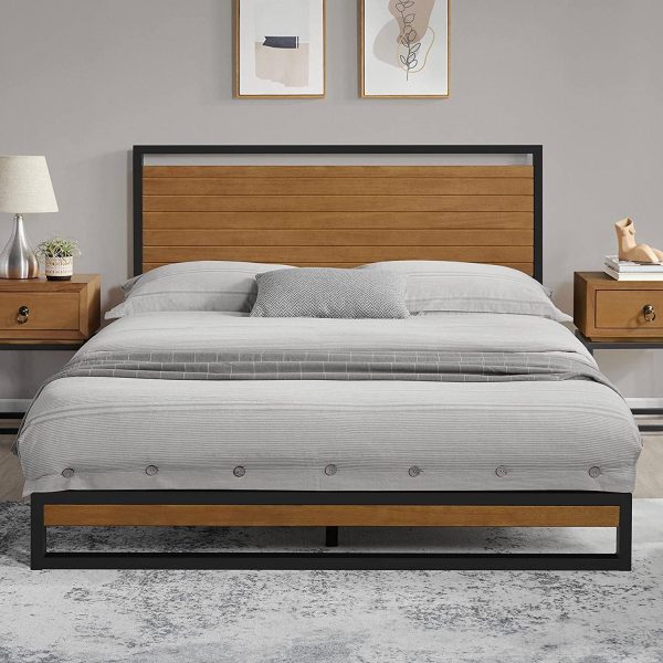 Full size Modern Metal Platform Bed Frame with Solid Brown Wood Slatted Headboard - Image 5