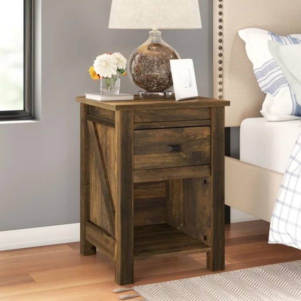 Farmhouse 1-Drawer Bedroom Nightstand with Open Shelf in Rustic Pine Finish - Image 4