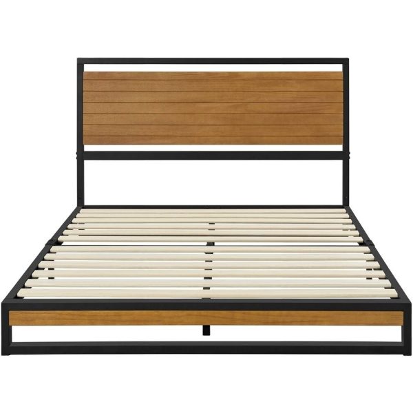 Queen size Modern Metal Platform Bed Frame with Solid Brown Wood Slatted Headboard - Image 2